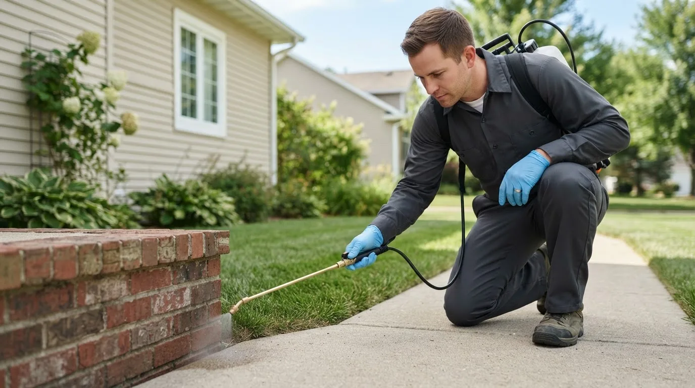 Pest control technician treating a home near Sugarcreek, OH