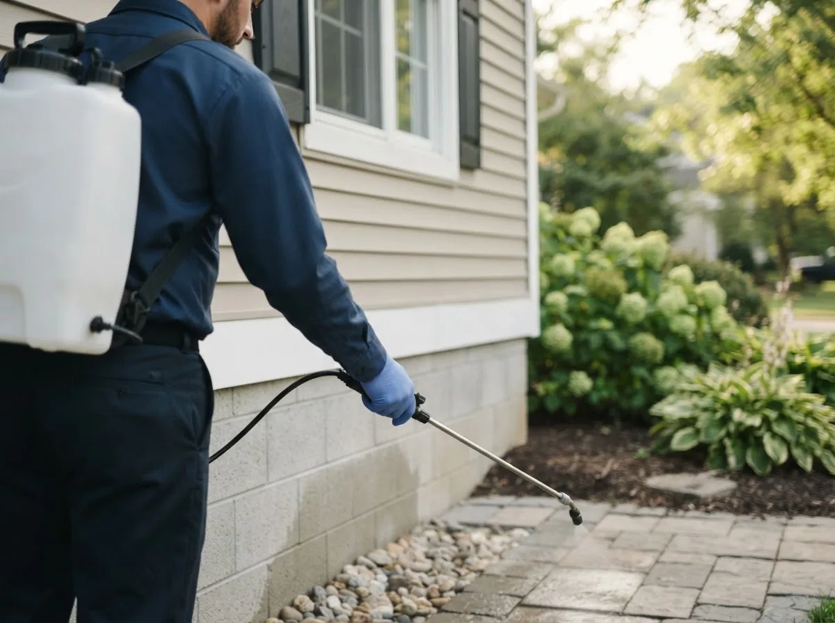 Pest control technician inspecting a home in Sugarcreek, OH